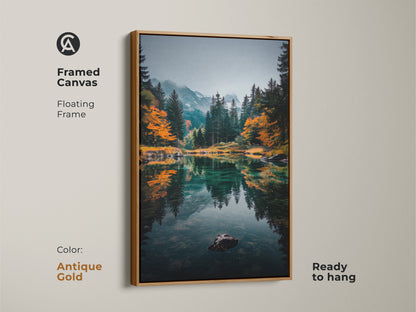 Bring a touch of antique charm to your home with this framed canvas artwork. The floating frame in antique gold enhances the mountain lake scene. The artwork showcases a serene lake reflecting the surrounding landscape. Ready to hang for instant elegance