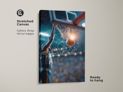 Stretched canvas basketball artwork. The image captures a player dunking. Gallery wrapped with mirrored edges. The canvas is ready to hang. A perfect gift for basketball fans.