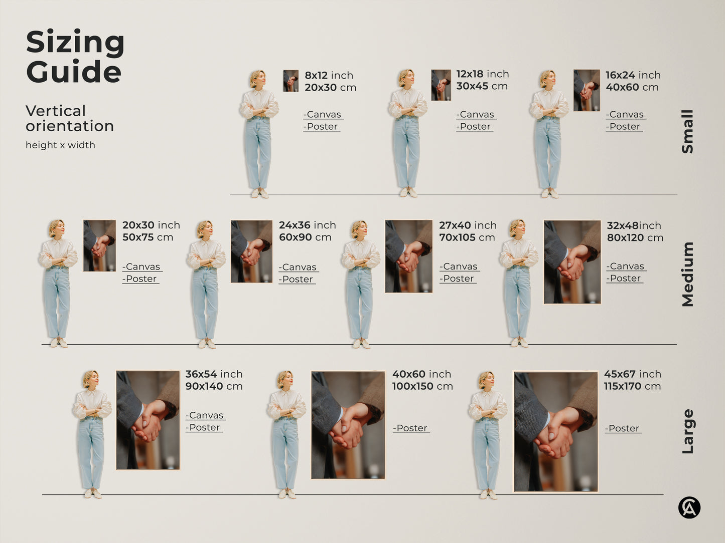 Sizing guide for vertical handshake canvas and poster prints. Available in small medium and large sizes. Dimensions in inches and centimeters. This business partnership art is perfect for any office. Choose the ideal size for your corporate success artwork.