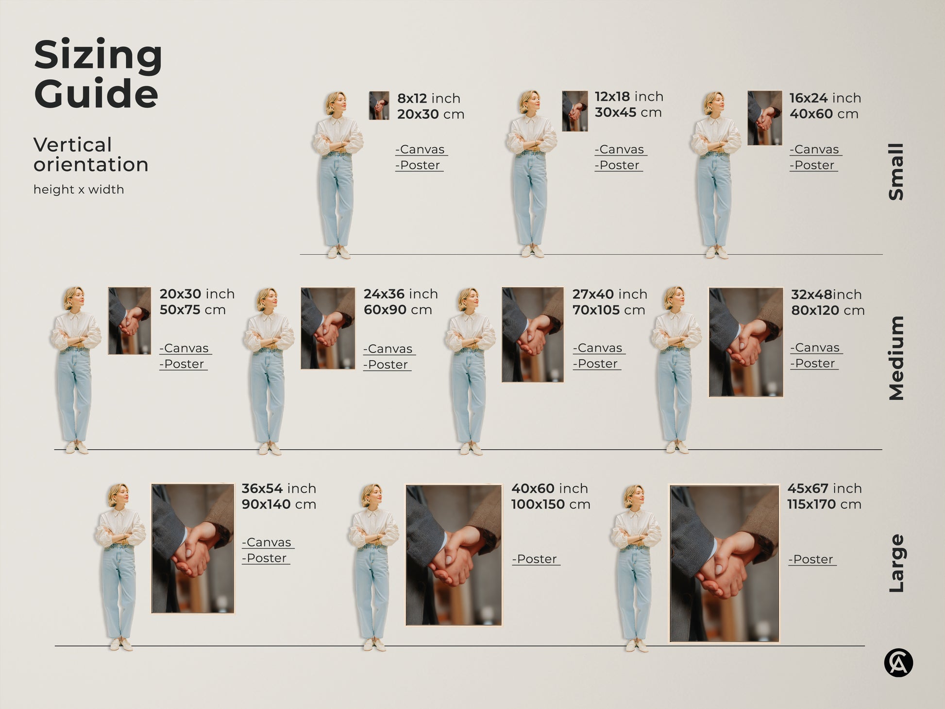 Sizing guide for vertical handshake canvas and poster prints. Available in small medium and large sizes. Dimensions in inches and centimeters. This business partnership art is perfect for any office. Choose the ideal size for your corporate success artwork.