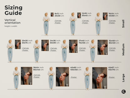 Sizing guide for vertical handshake canvas and poster prints. Available in small medium and large sizes. Dimensions in inches and centimeters. This business partnership art is perfect for any office. Choose the ideal size for your corporate success artwork.