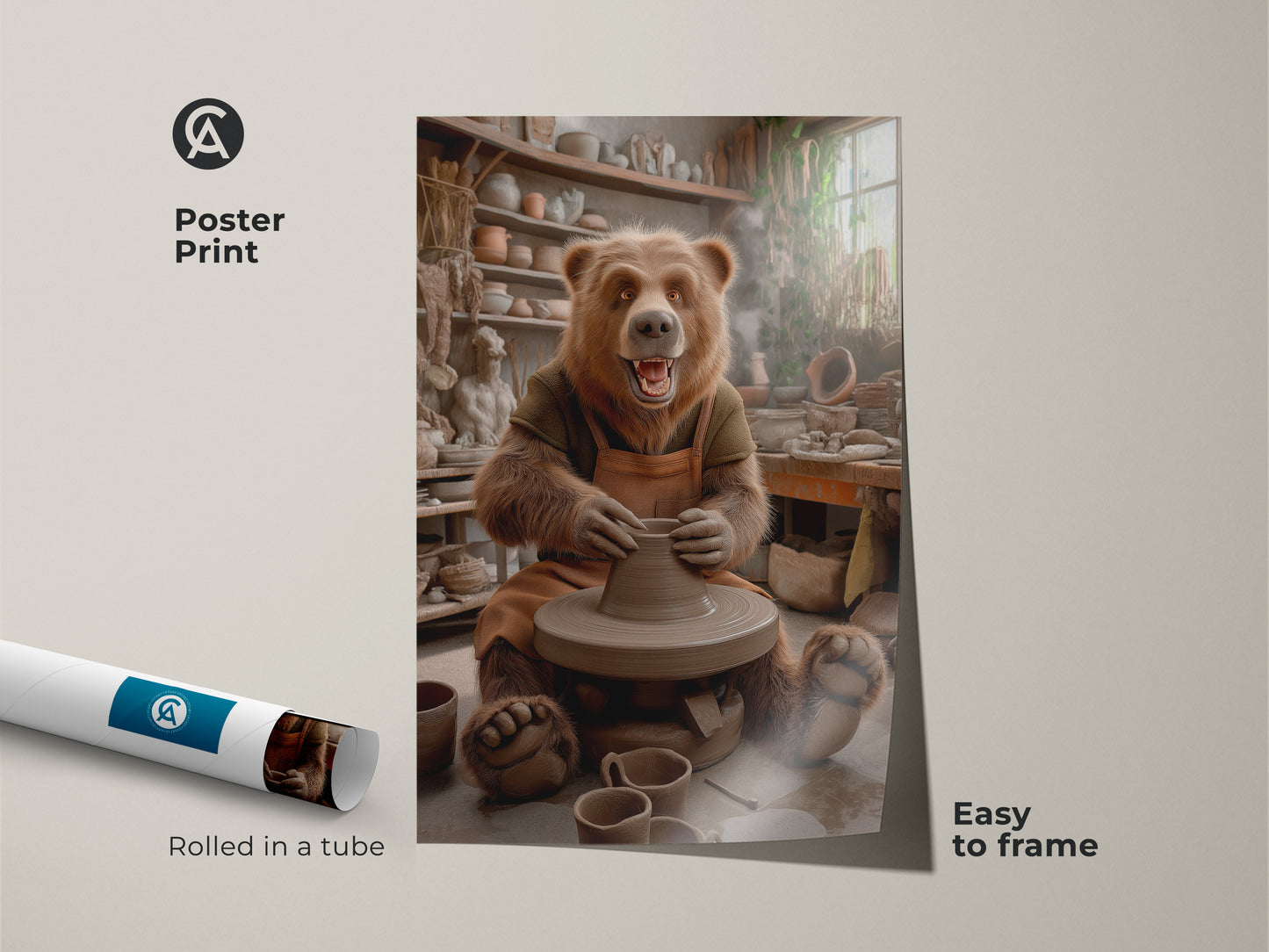 A poster print shows a bear working at a pottery wheel in a studio. The art is rolled in a tube for easy framing. This whimsical animal studio wall art has earth tones. It's perfect anthropomorphic bear crafting decor. The brown pottery scene canvas is a unique gift for pottery lovers.