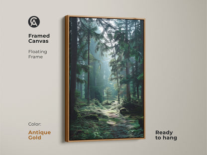 Antique gold framed canvas featuring botanical forest print. Floating frame shows lush pine trees. This emerald green nature art is ready to hang. It's ideal as a housewarming gift for a nature lover.