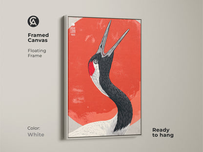 Framed Canvas showcases Red Crowned Crane artwork in a white floating frame ready to hang. This nature decor gift brings wildlife and art together. Perfect bedroom wall decor art for contemporary bird art enthusiasts.