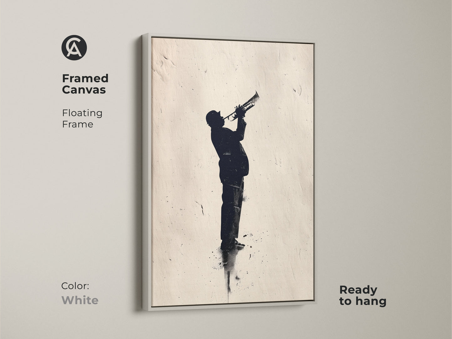 White framed canvas art of a jazz trumpet player. The floating frame enhances the silhouette artwork. Ready to hang for instant musical ambiance. Elevate your decor with this framed art.