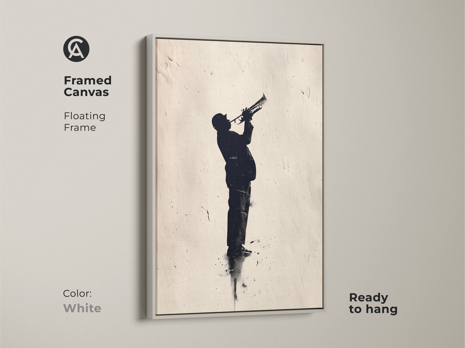 White framed canvas art of a jazz trumpet player. The floating frame enhances the silhouette artwork. Ready to hang for instant musical ambiance. Elevate your decor with this framed art.