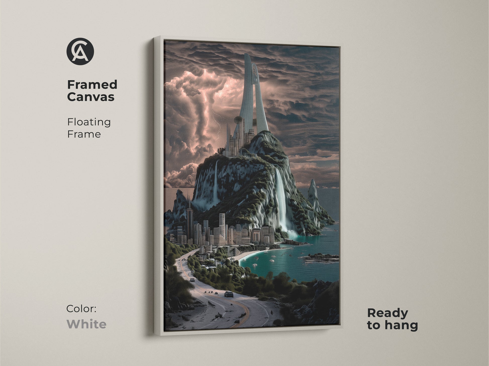Framed canvas floating frame in white. The artwork is ready to hang. This modern art features a futuristic city on a tropical island with waterfalls. Perfect wall decor.