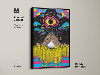 Framed canvas showcasing the abstract cosmic eye art in black. The artwork brings a vibrant psychedelic touch with its yellow blue pink palette. A ready-to-hang eclectic decor piece.