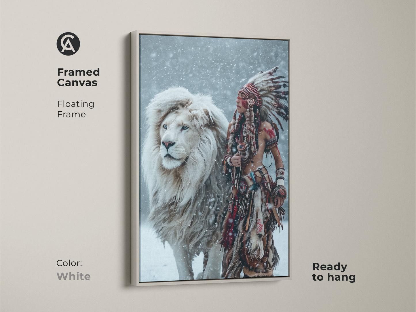 Explore the Majestic Harmony framed canvas. A white floating frame showcases a Native American figure with a white lion. This artwork is ready to hang. It offers a clean modern look to any space. Get this beautiful art today.