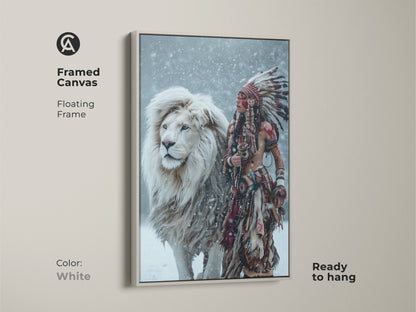 Explore the Majestic Harmony framed canvas. A white floating frame showcases a Native American figure with a white lion. This artwork is ready to hang. It offers a clean modern look to any space. Get this beautiful art today.
