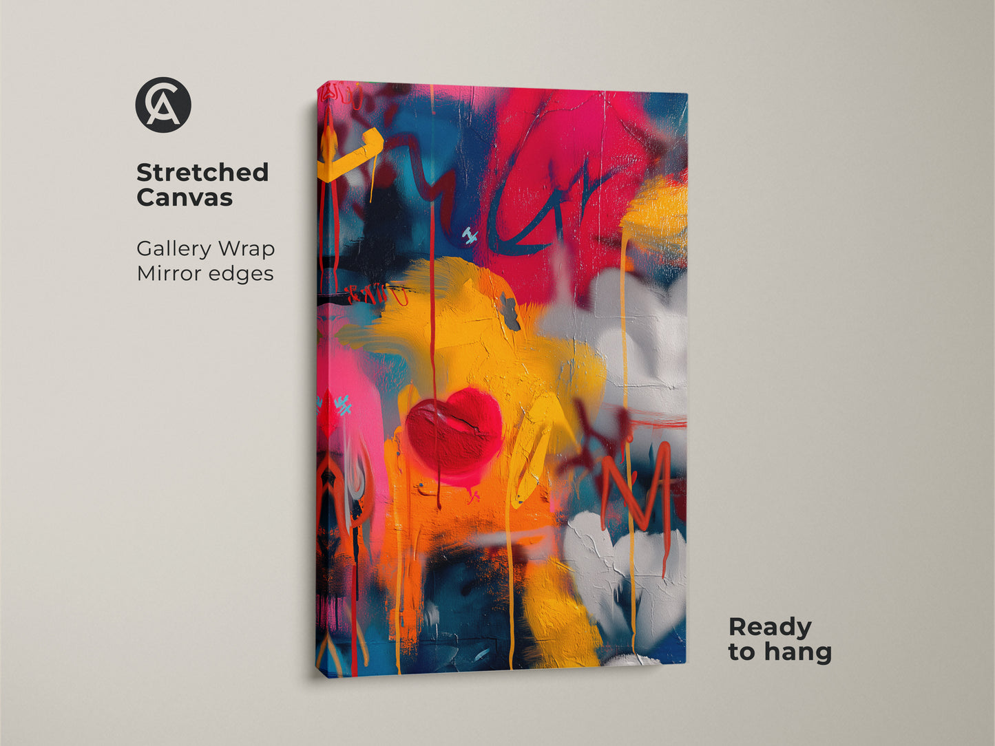 Stretched Canvas of Graffiti Heart Artwork. This gallery-wrapped canvas features a colorful graffiti heart art. The mirror edges add a seamless contemporary feel. It's a ready-to-hang statement piece perfect for modern art lovers.