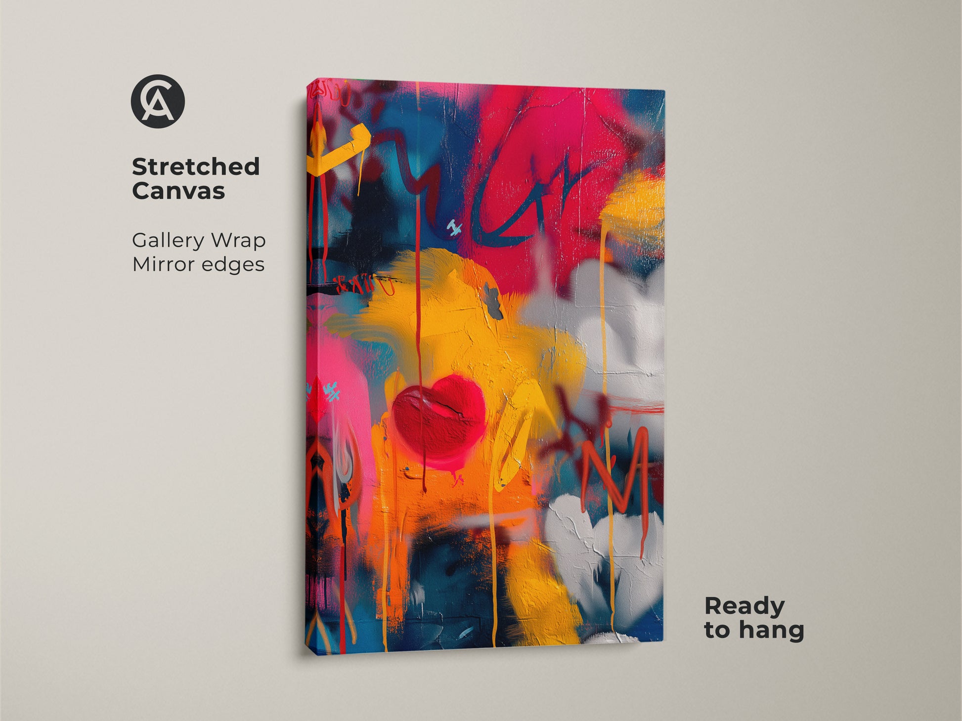 Stretched Canvas of Graffiti Heart Artwork. This gallery-wrapped canvas features a colorful graffiti heart art. The mirror edges add a seamless contemporary feel. It's a ready-to-hang statement piece perfect for modern art lovers.