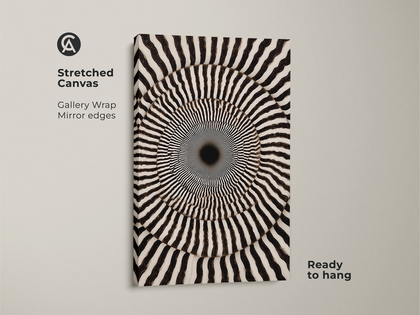 Stretched Canvas showcasing Abstract Geometric Wall Art. Its Op Art Concentric Circles form a Psychedelic Swirl. The monochrome den decor is ready to hang. This modern abstract artwork brings sophisticated black and white appeal to any room.