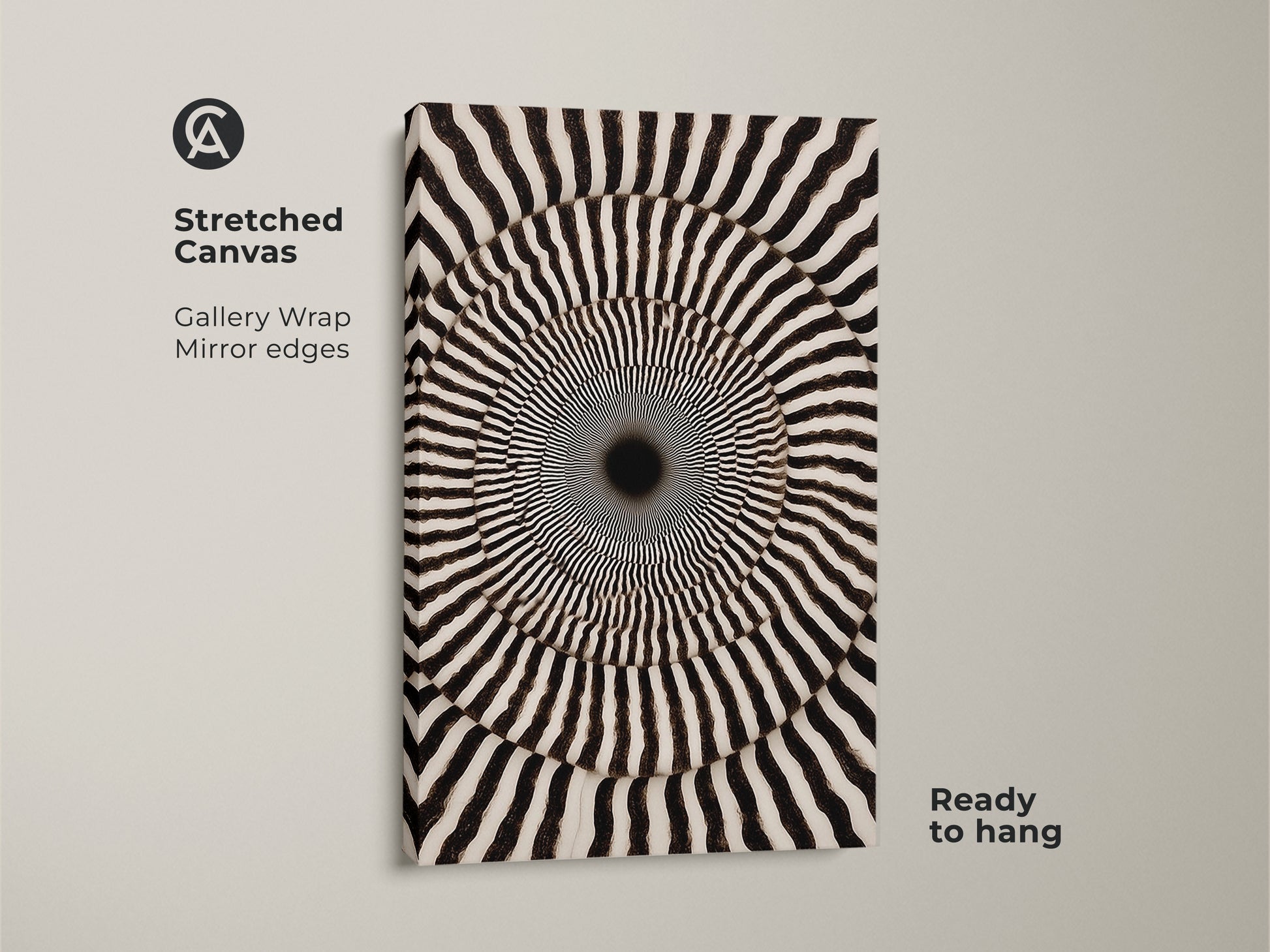 Stretched Canvas showcasing Abstract Geometric Wall Art. Its Op Art Concentric Circles form a Psychedelic Swirl. The monochrome den decor is ready to hang. This modern abstract artwork brings sophisticated black and white appeal to any room.