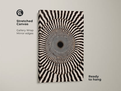 Stretched Canvas showcasing Abstract Geometric Wall Art. Its Op Art Concentric Circles form a Psychedelic Swirl. The monochrome den decor is ready to hang. This modern abstract artwork brings sophisticated black and white appeal to any room.