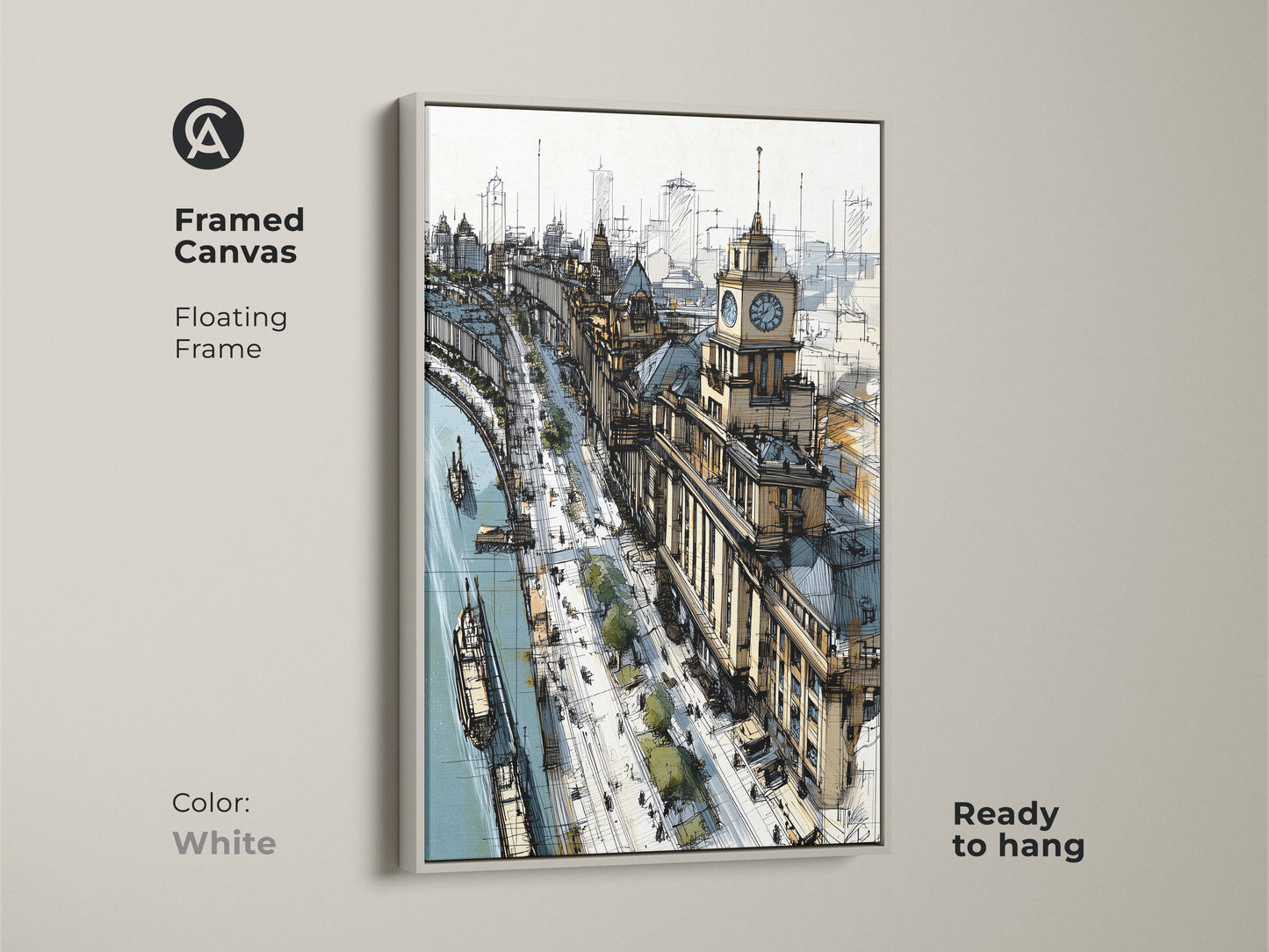 Framed canvas art featuring a cityscape sketch with a riverfront and clock tower in a white floating frame. This contemporary tan and blue artwork is ready to hang. The travel-themed architectural line art is perfect for office decor or a unique housewarming gift.