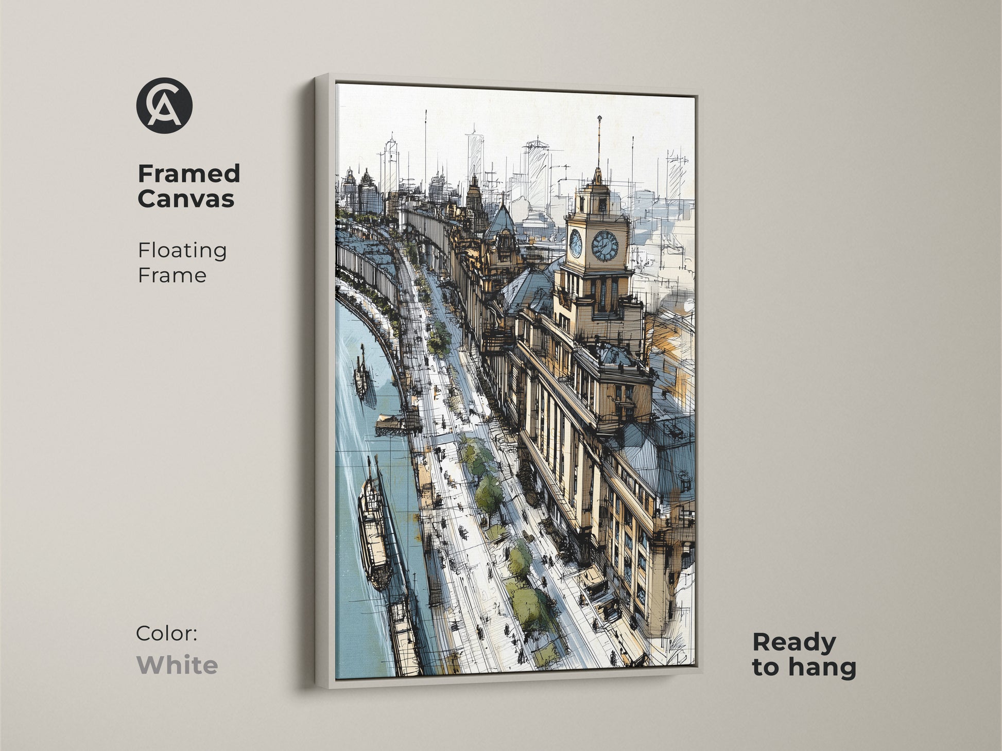 Framed canvas art featuring a cityscape sketch with a riverfront and clock tower in a white floating frame. This contemporary tan and blue artwork is ready to hang. The travel-themed architectural line art is perfect for office decor or a unique housewarming gift.