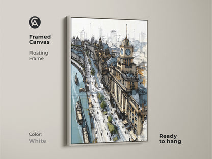 Framed canvas art featuring a cityscape sketch with a riverfront and clock tower in a white floating frame. This contemporary tan and blue artwork is ready to hang. The travel-themed architectural line art is perfect for office decor or a unique housewarming gift.