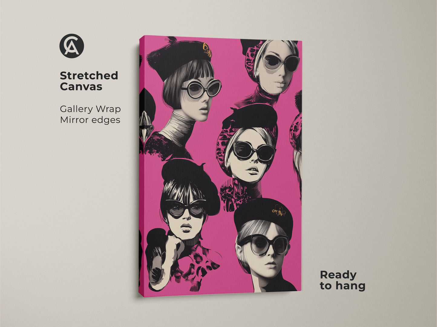 Stretched canvas art featuring a pink fashion woman with sunglasses. The gallery wrap and mirror edges enhance its chic appeal. This retro fashion wall art is ready to hang. Perfect eclectic decor for a bedroom or living space. A great gift idea for fashionistas who love Parisian chic art.