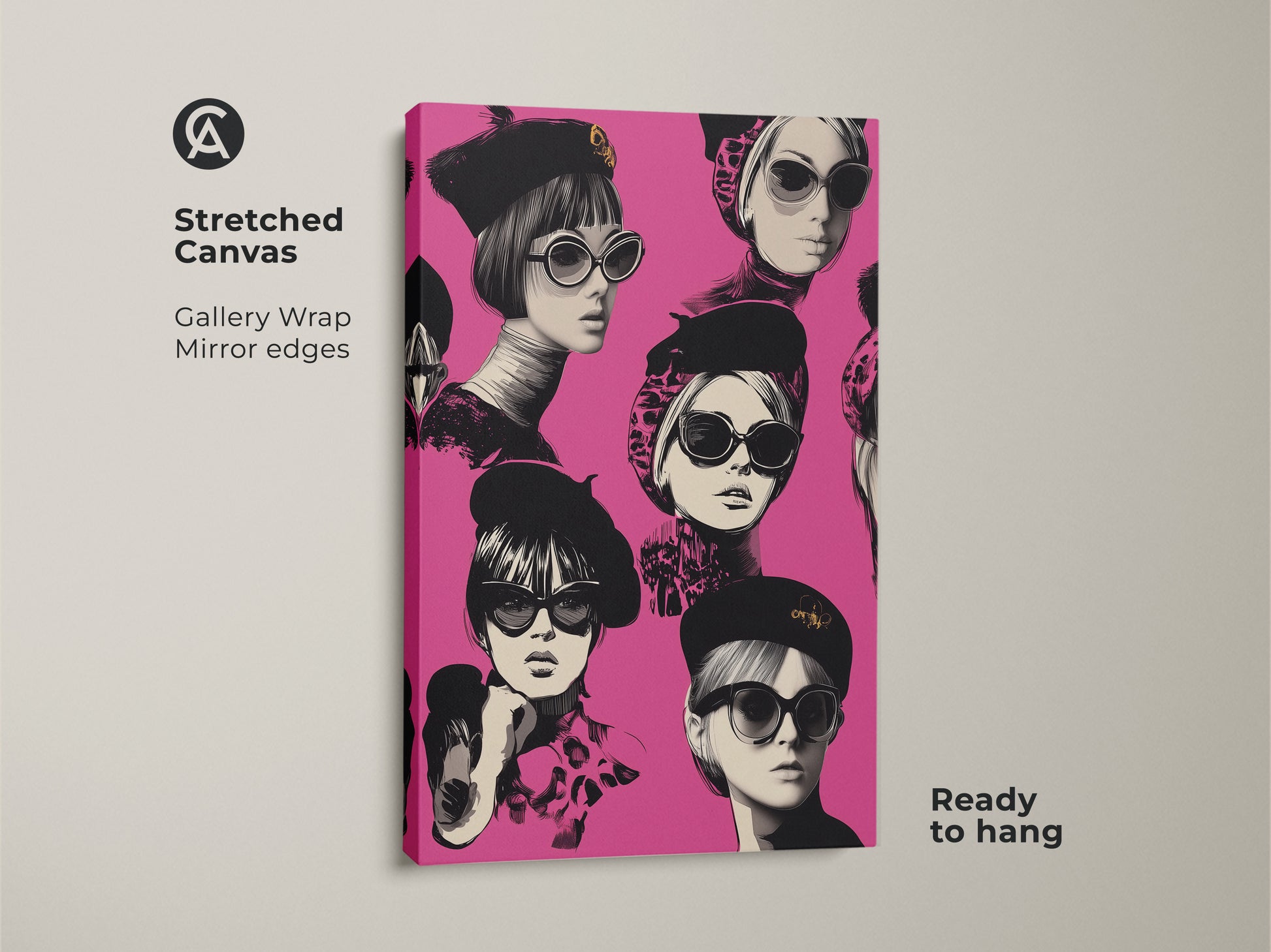 Stretched canvas art featuring a pink fashion woman with sunglasses. The gallery wrap and mirror edges enhance its chic appeal. This retro fashion wall art is ready to hang. Perfect eclectic decor for a bedroom or living space. A great gift idea for fashionistas who love Parisian chic art.