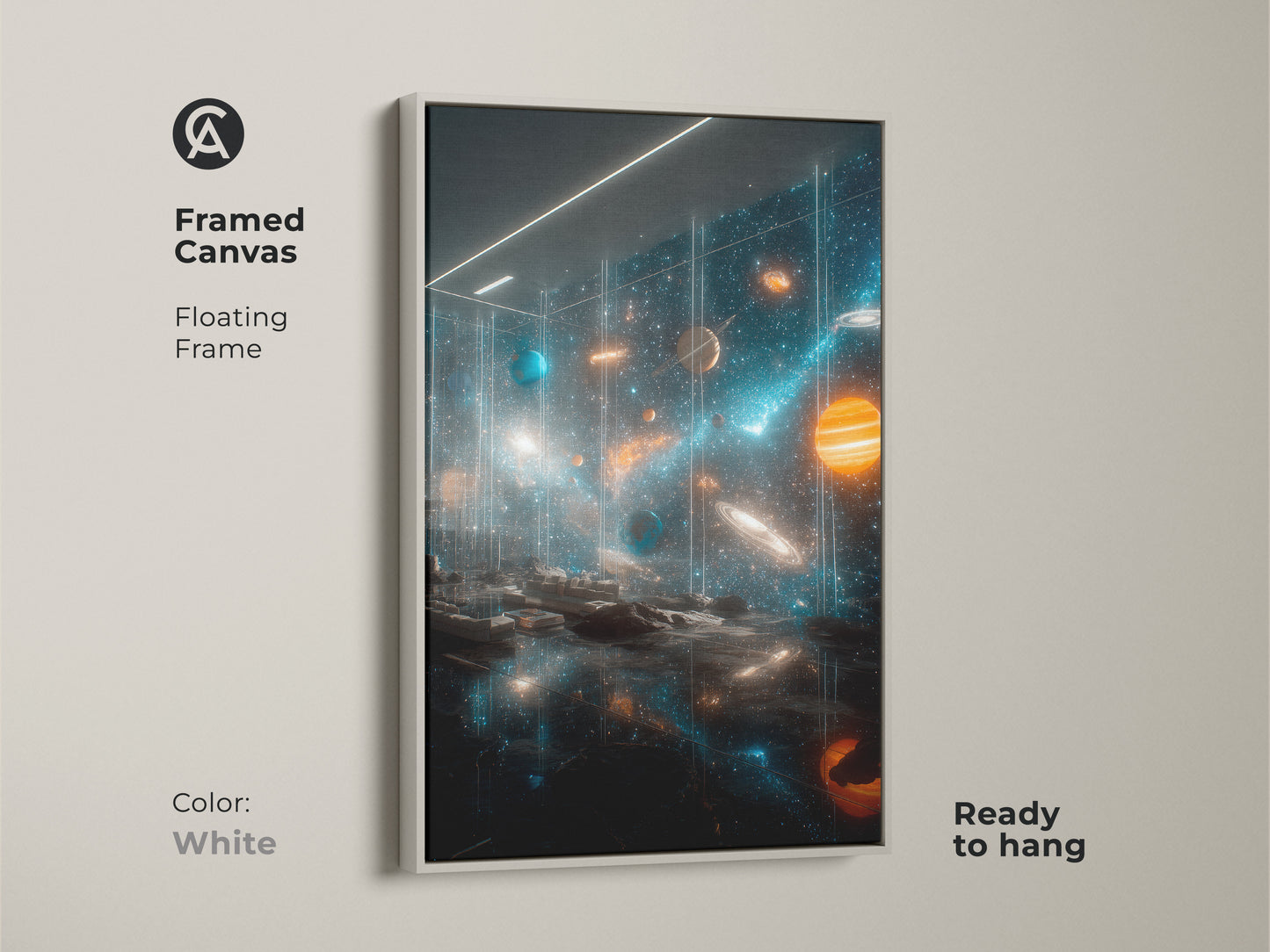 White framed canvas print of space art. A vibrant solar system artwork shows planets stars and cosmic dust. The floating frame adds a clean modern touch. This canvas is ready to hang bringing cosmic beauty to your walls.