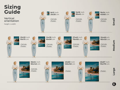 Sizing guide for vertical beach art prints. Available as canvas or poster. Small sizes include 8x12 12x18 and 16x24 inches. Medium sizes are 20x30 24x36 and 27x40 inches. Large sizes include 32x48 36x54 40x60 and 45x67 inches. Find the perfect size for your space.