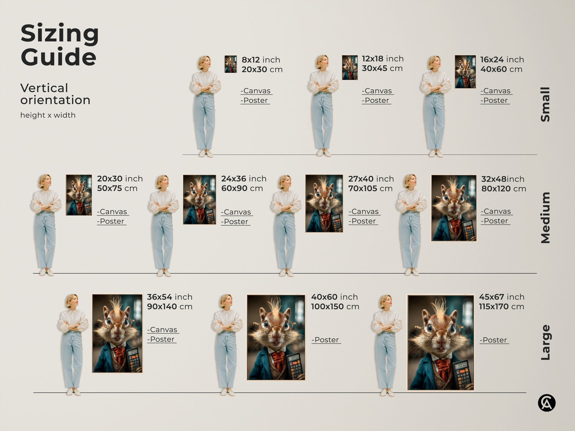 Sizing guide for anthropomorphic chipmunk artwork. Visualize the art in various sizes. Find the perfect fit for your office. Discover sizes from small to large for canvas and poster prints.
