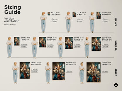 Sizing guide for anthropomorphic chipmunk artwork. Visualize the art in various sizes. Find the perfect fit for your office. Discover sizes from small to large for canvas and poster prints.