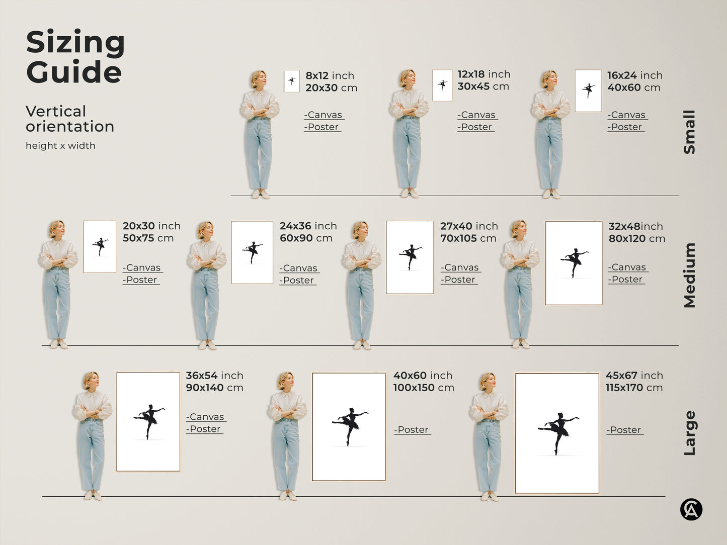 Sizing guide for minimalist black ballerina silhouette art in vertical orientation. Available as canvas or poster in sizes from 8x12 to 45x67 inches. Visualize small medium and large options to enhance bedroom or studio decor with this contemporary ballet artwork.