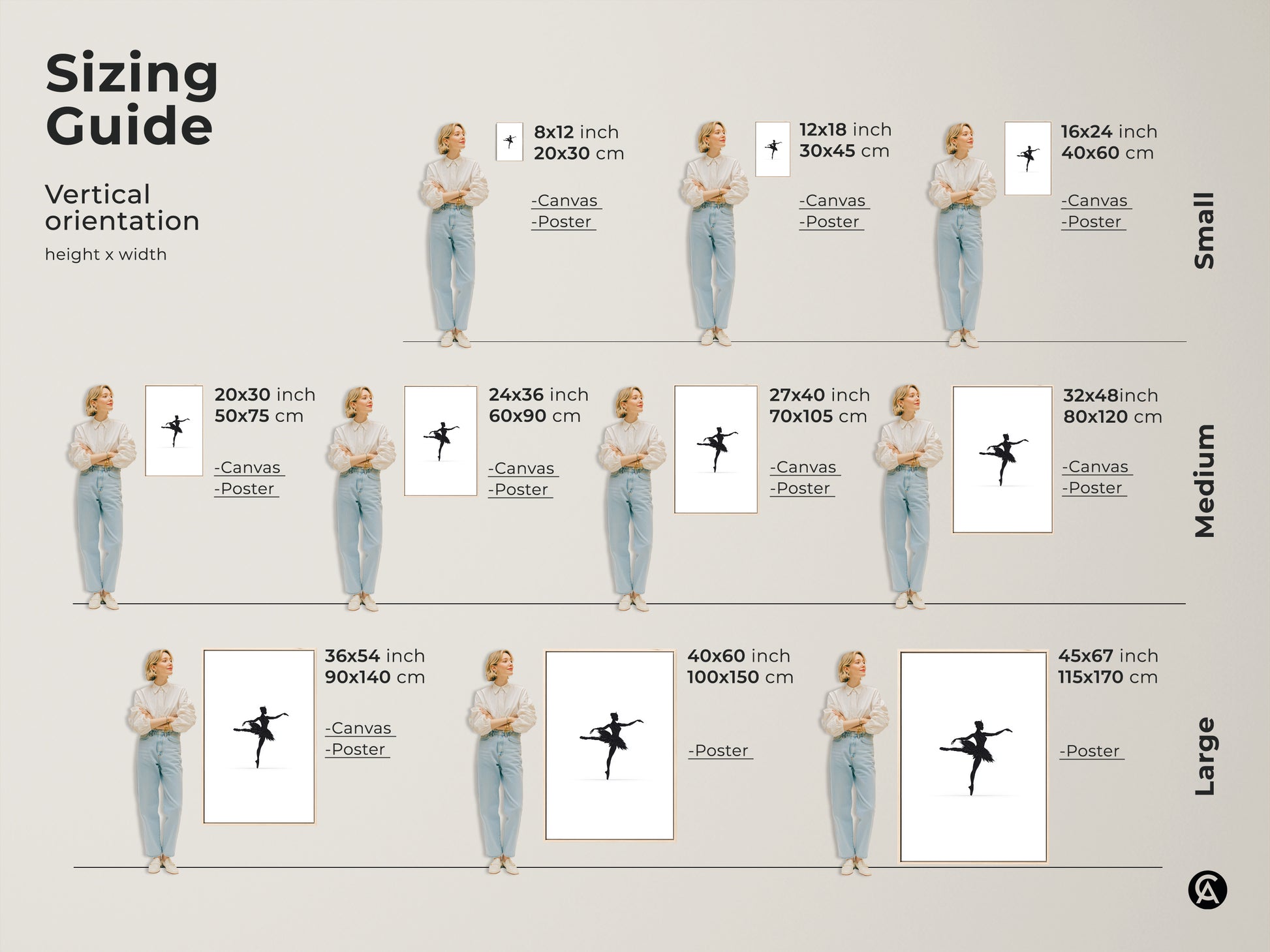 Sizing guide for minimalist black ballerina silhouette art in vertical orientation. Available as canvas or poster in sizes from 8x12 to 45x67 inches. Visualize small medium and large options to enhance bedroom or studio decor with this contemporary ballet artwork.