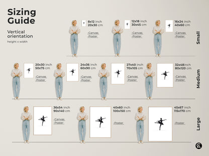 Sizing guide for minimalist black ballerina silhouette art in vertical orientation. Available as canvas or poster in sizes from 8x12 to 45x67 inches. Visualize small medium and large options to enhance bedroom or studio decor with this contemporary ballet artwork.