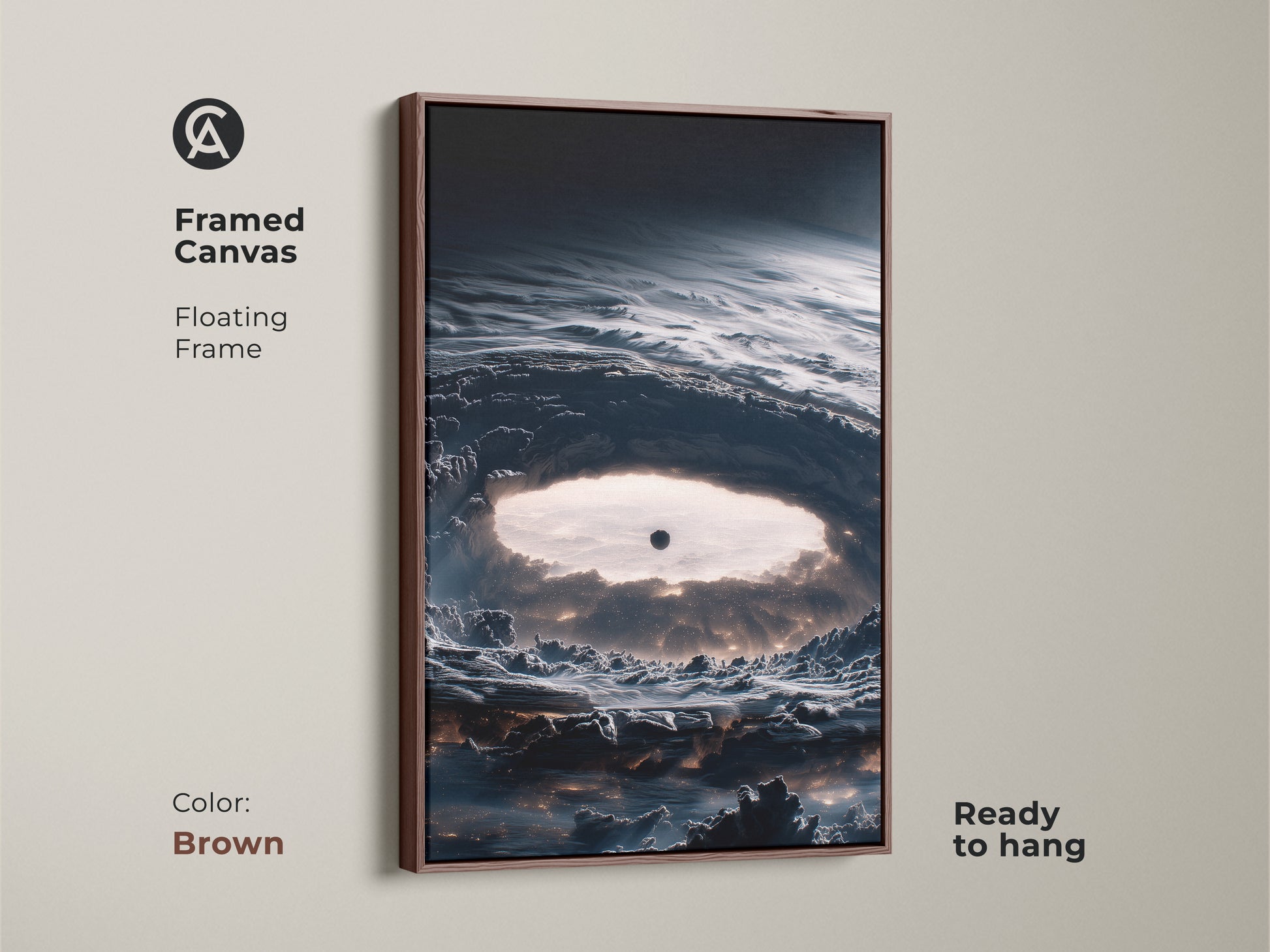 Brown framed canvas featuring abstract space art. This deep navy nebula print brings sci-fi cosmos artwork to any wall ready to hang. The floating frame enhances the contemporary decor making it a perfect gift for stargazers.
