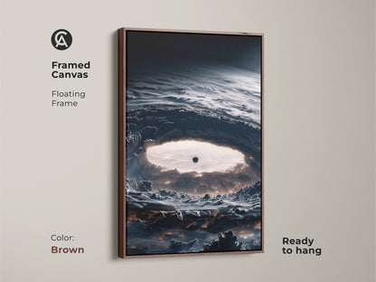 Brown framed canvas featuring abstract space art. This deep navy nebula print brings sci-fi cosmos artwork to any wall ready to hang. The floating frame enhances the contemporary decor making it a perfect gift for stargazers.