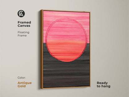 Ready to hang framed canvas art of geometric lines and circle. The floating frame has a antique gold finish. This modern minimalist wall decor is hot pink coral and black. Perfect for any room.