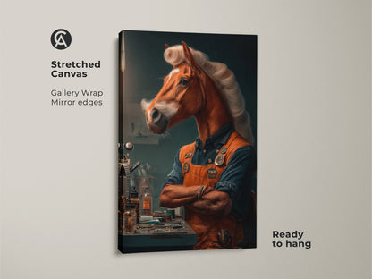 Stretched canvas gallery wrap showcasing a surreal horseman portrait. The anthropomorphic animal art has mirror edges and is ready to hang. Perfect eclectic wall decor for an office or study. A unique gift for enthusiasts of imaginative art.