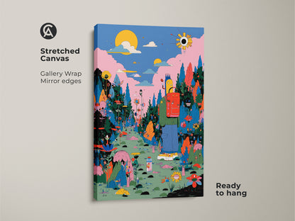Vibrant stretched canvas art ready to hang. This gallery-wrapped canvas features a whimsical scene with a figure walking a flower-lined path. The colorful artwork includes trees and a bright sun. Mirror edges enhance the immersive experience. Enhance your space with this unique canvas art.