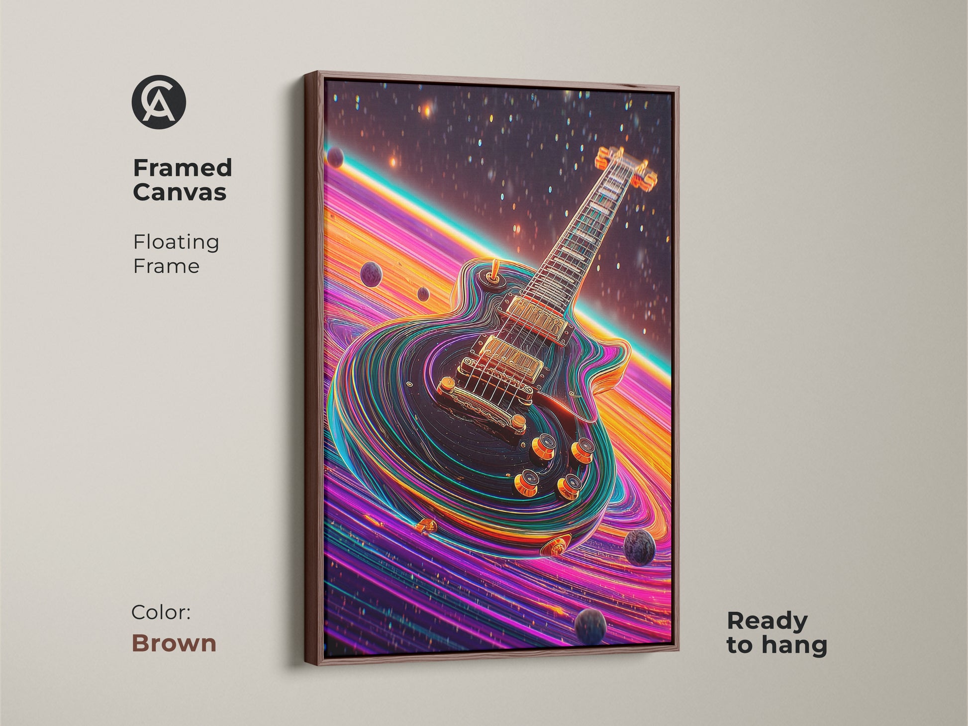 Framed canvas of a psychedelic electric guitar with a brown floating frame. Ready to hang the space themed canvas art features vibrant pink orange purple hues. It is a unique gift for musicians. It will be amazing as eclectic home decor.