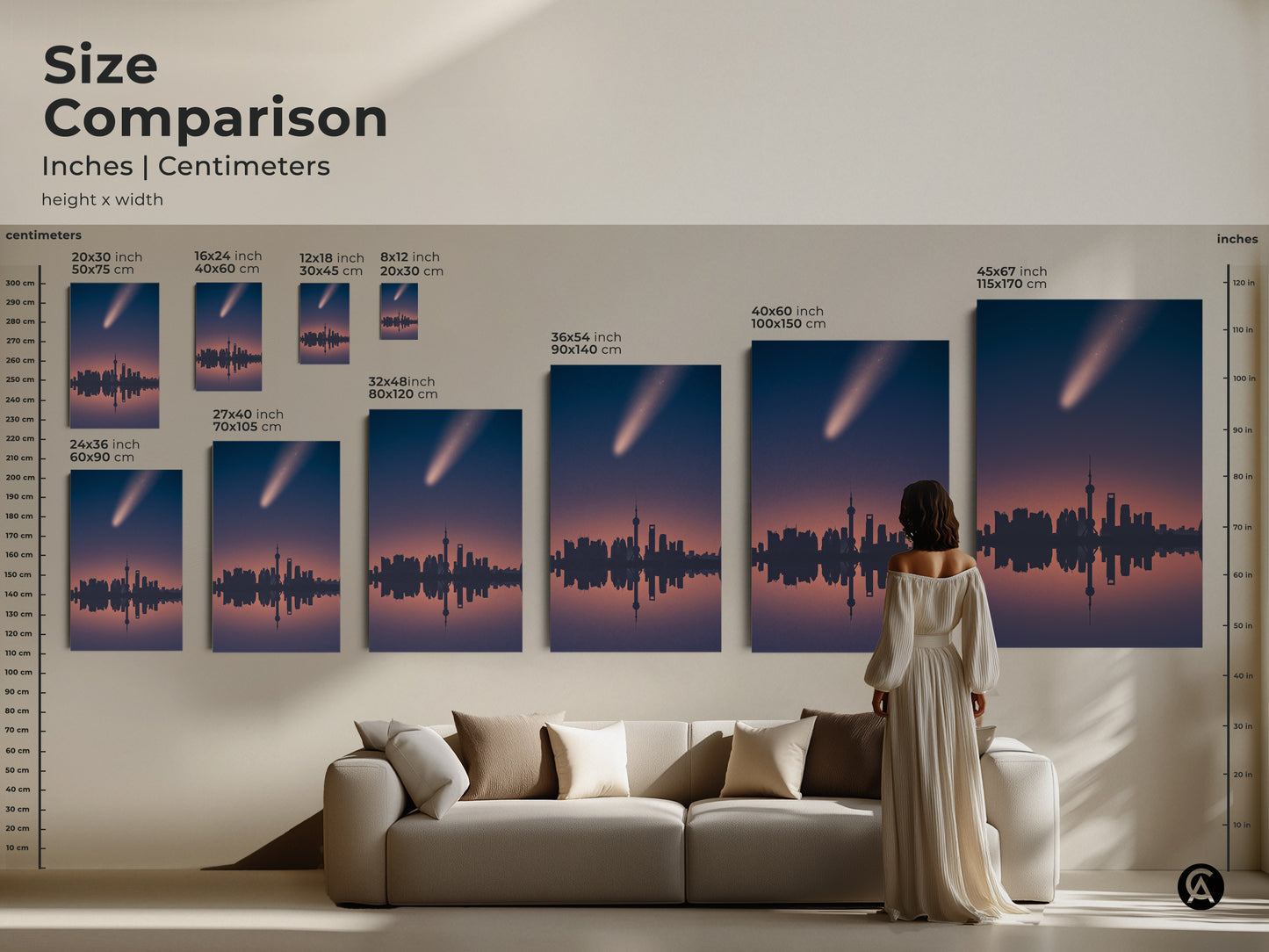 Size comparison of the Shanghai skyline canvas art. See how each size fits in your space. This navy pink teal cityscape print brings a touch of modern elegance and wanderlust to your home decor.