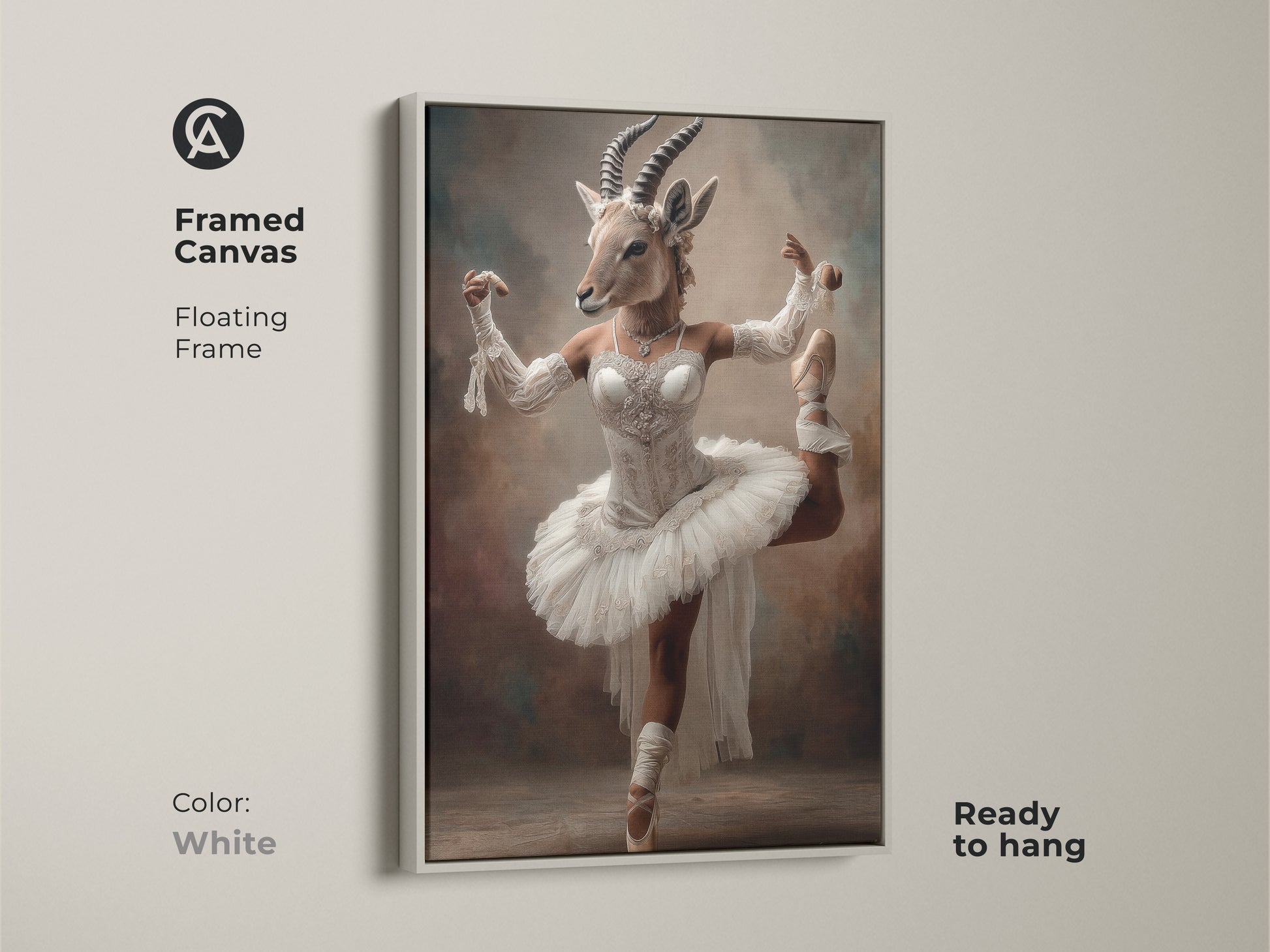 Framed canvas of a ballerina gazelle with a white floating frame. The artwork is ready to hang. The surreal animal ballet adds a distinctive touch. This white cream art print is a great addition to any room. Perfect eclectic bedroom decor gift.