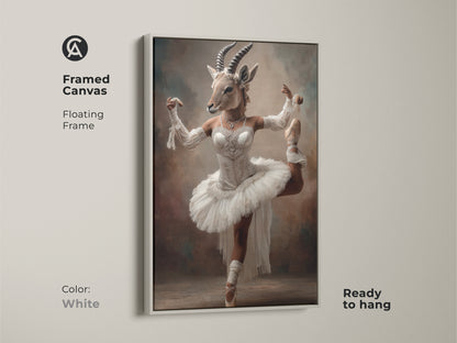 Framed canvas of a ballerina gazelle with a white floating frame. The artwork is ready to hang. The surreal animal ballet adds a distinctive touch. This white cream art print is a great addition to any room. Perfect eclectic bedroom decor gift.