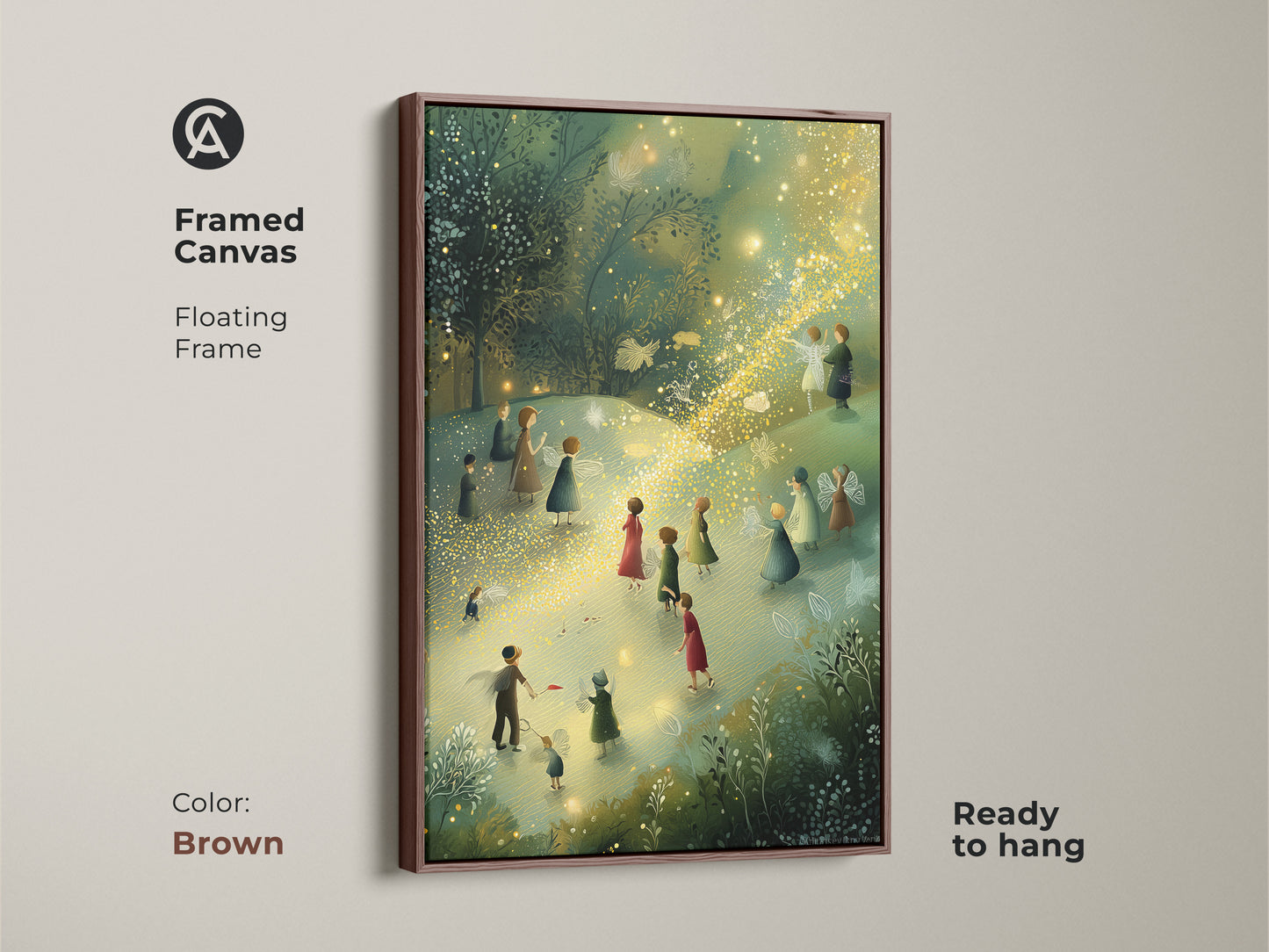 Framed canvas with a brown frame featuring a Boho Fairy Art Print. The magical lights art print is ready to hang. It is ideal for kids room wall decor. The fantasy forest art adds charm.