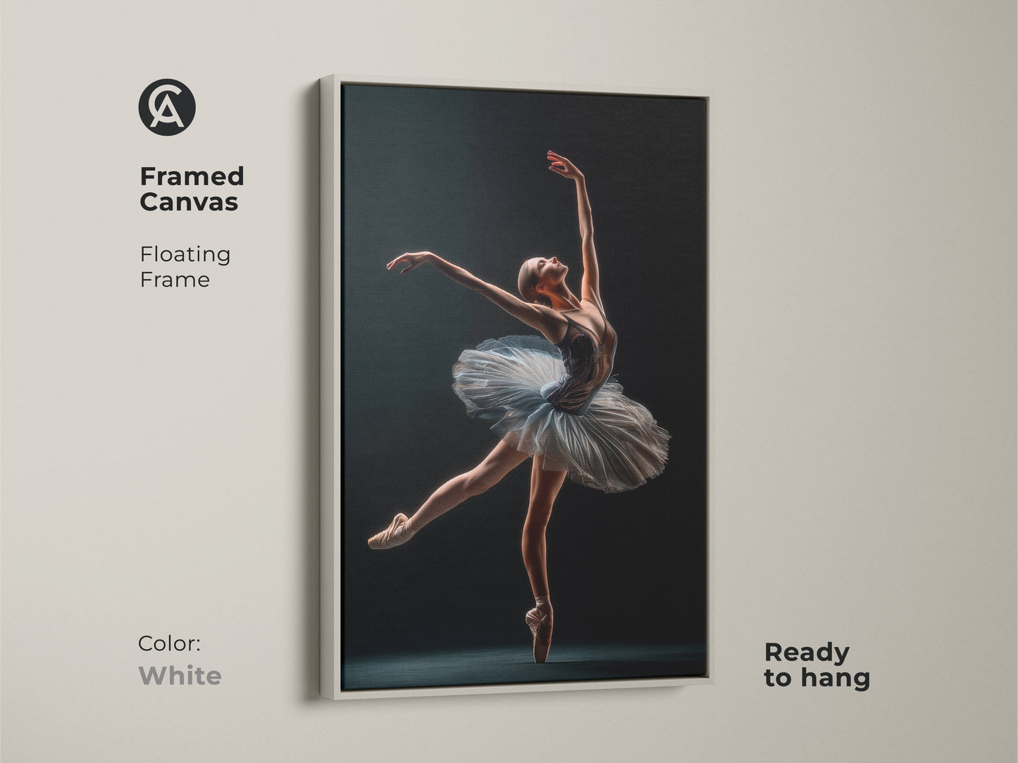 White framed canvas art print of a ballerina. The floating frame complements the artwork. The art is ready to hang. It brings a clean modern look to your home or studio. A perfect gift.