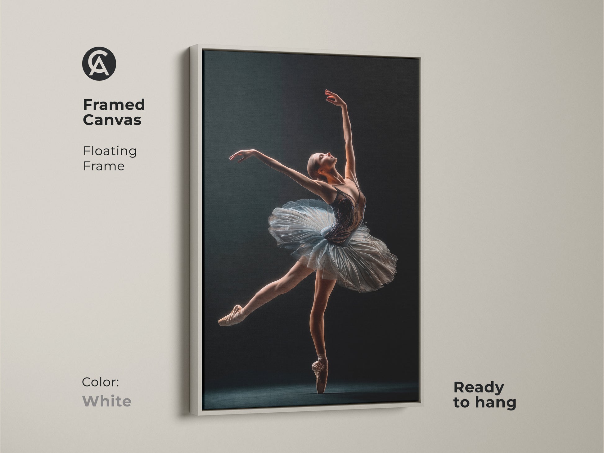 White framed canvas art print of a ballerina. The floating frame complements the artwork. The art is ready to hang. It brings a clean modern look to your home or studio. A perfect gift.