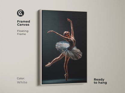 White framed canvas art print of a ballerina. The floating frame complements the artwork. The art is ready to hang. It brings a clean modern look to your home or studio. A perfect gift.