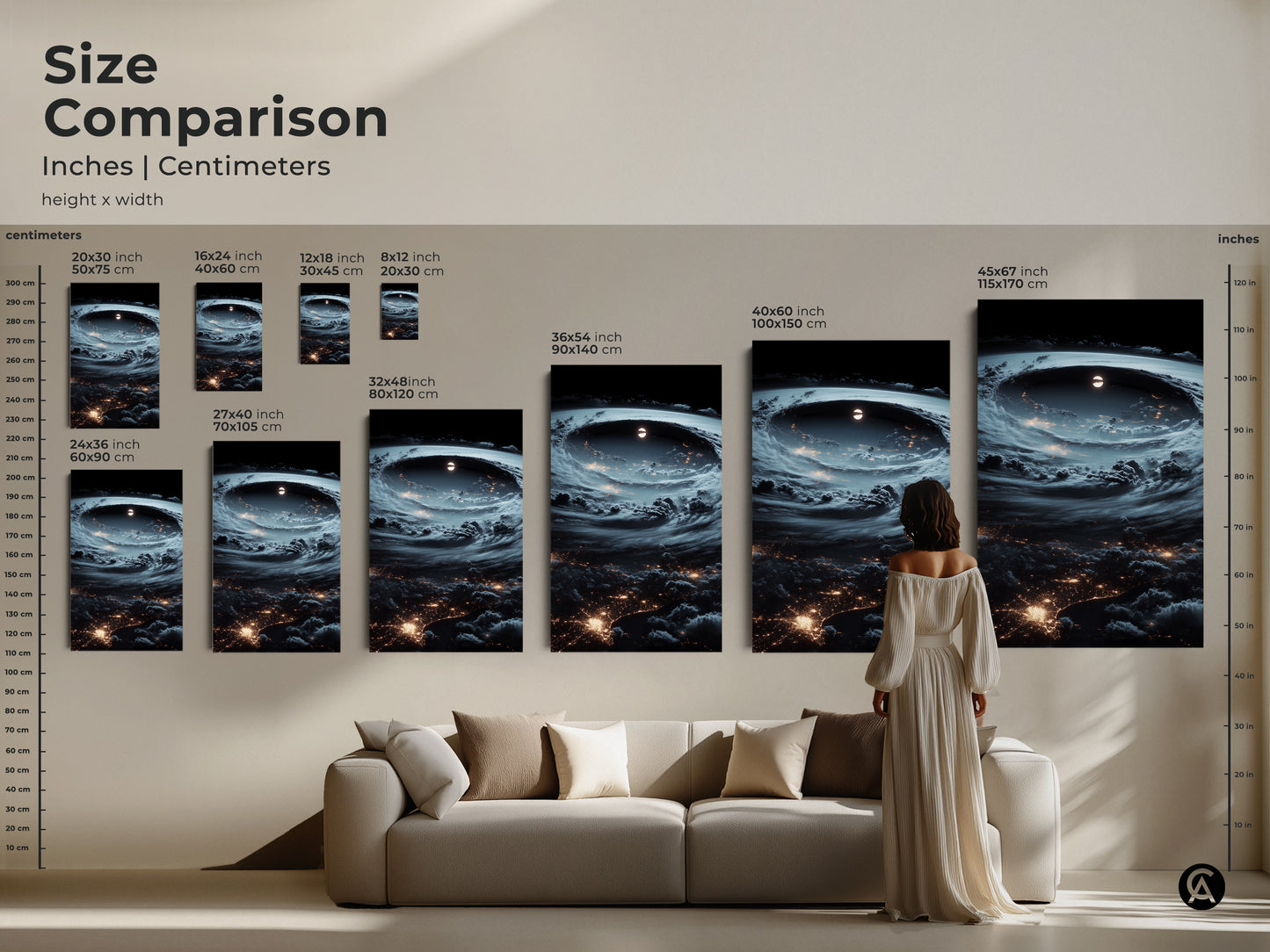 Size comparison of space hurricane art prints. See how the canvas artwork looks in different sizes. Visualize the impact of earth city lights wall art. Choose from various sizes to fit your space. Perfect for modern living rooms and bedrooms. A unique home art piece.