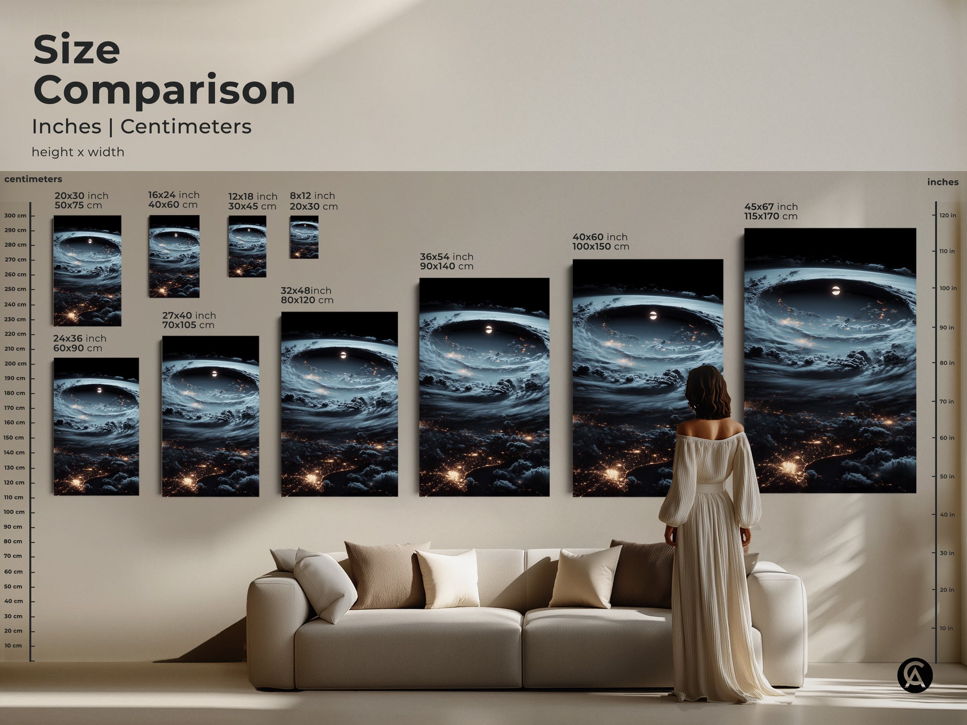 Size comparison of space hurricane art prints. See how the canvas artwork looks in different sizes. Visualize the impact of earth city lights wall art. Choose from various sizes to fit your space. Perfect for modern living rooms and bedrooms. A unique home art piece.
