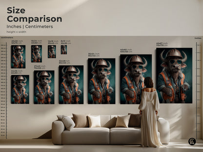 This size comparison chart features a surrealist buffalo construction worker art print. The art is displayed above a couch for reference. Multiple canvas and poster size options are shown. From small to large you will find the perfect fit. This humorous digital wall art is great for an office or eclectic home. 