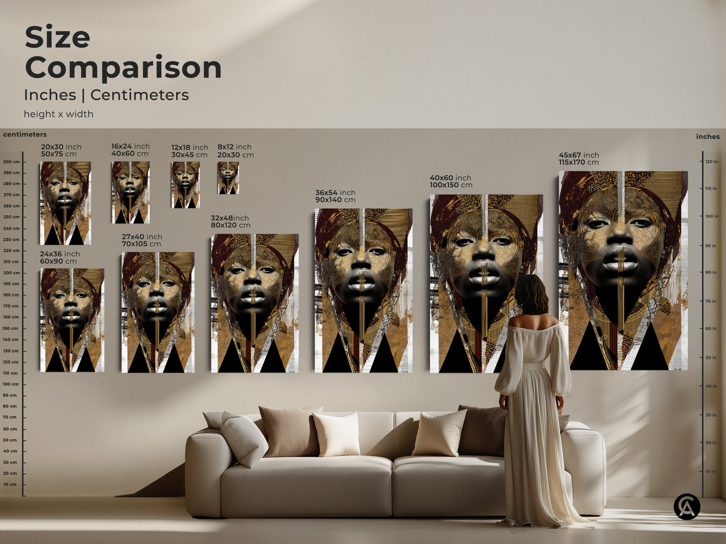 Size comparison of abstract woman portrait canvas. Various sizes are on display above a sofa to demonstrate the artwork's scale. This black gold tribal art print is modern eclectic wall art.