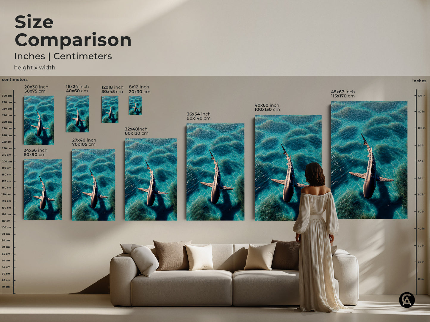A size comparison showcases photorealistic shark artwork in inches and centimeters. Visualize the different sizes from 8x12 to 45x67 inches. Perfect for canvas or poster prints. See how the contemporary artwork fits above a couch. Choose the ideal size for your space.