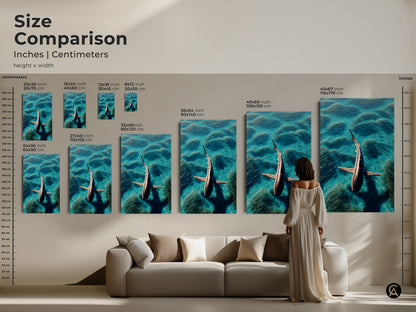 A size comparison showcases photorealistic shark artwork in inches and centimeters. Visualize the different sizes from 8x12 to 45x67 inches. Perfect for canvas or poster prints. See how the contemporary artwork fits above a couch. Choose the ideal size for your space.